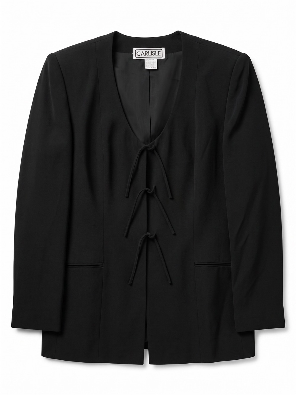 Carlisle Silk Blazer Women 12 Black Excellent Tie Front V-Neck Jacket Silk